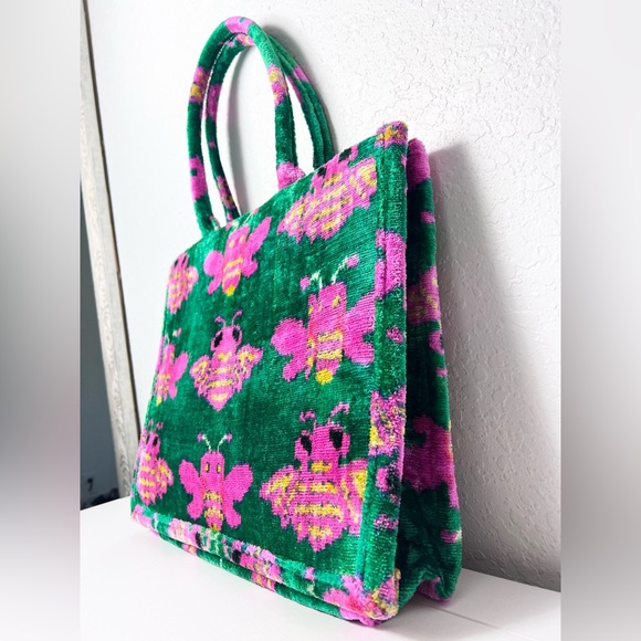 Handmade Velvet Ikat Bee Tote Bag Purse Vintage Look Large - Picture 5 of 10